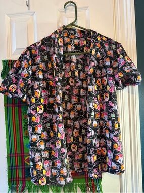 Black Short Sleeve Button-up Shirt with Pink, Orange and White Dog Print